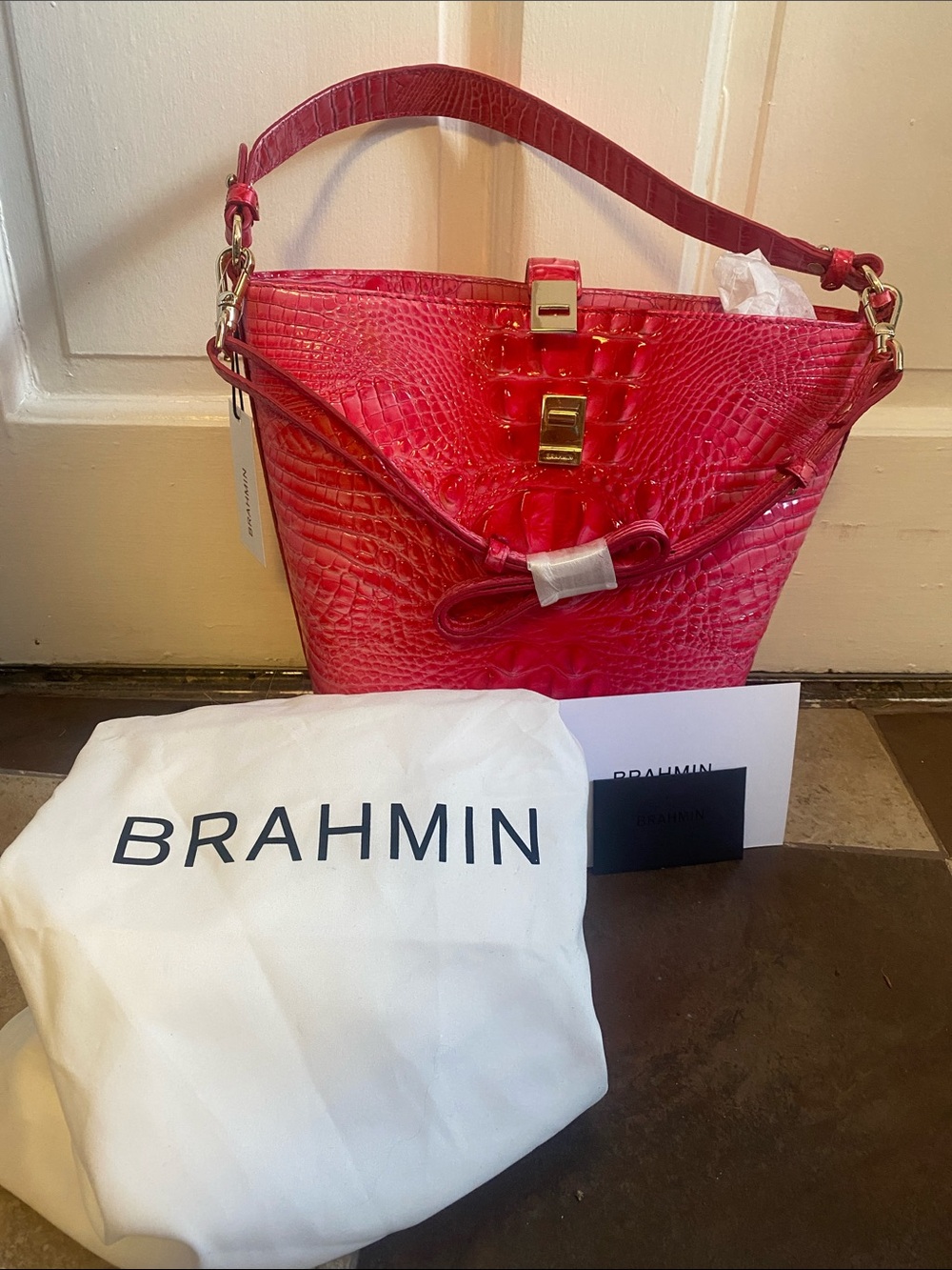 Brahmin Hot Pink Croc-Embossed Shoulder Bag